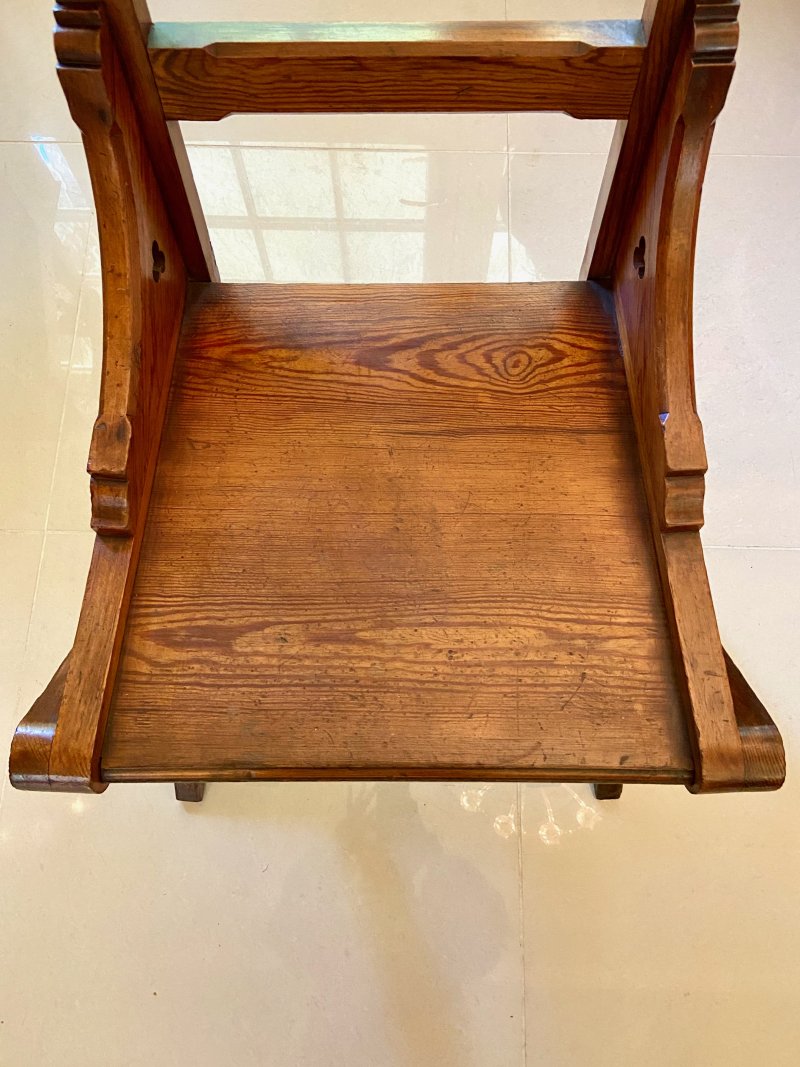 Unusual Antique Set of Twelve Gothic Pitch Pine Dining Chairs - Image 6